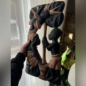 Vintage Hand-Carved African Wall Art | Ghana Wood Sculpture | Tribal‎ Scene